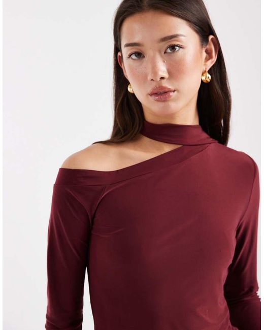 ASOS Red Slinky Scarf Neck Off Shoulder Top With Flare Sleeves