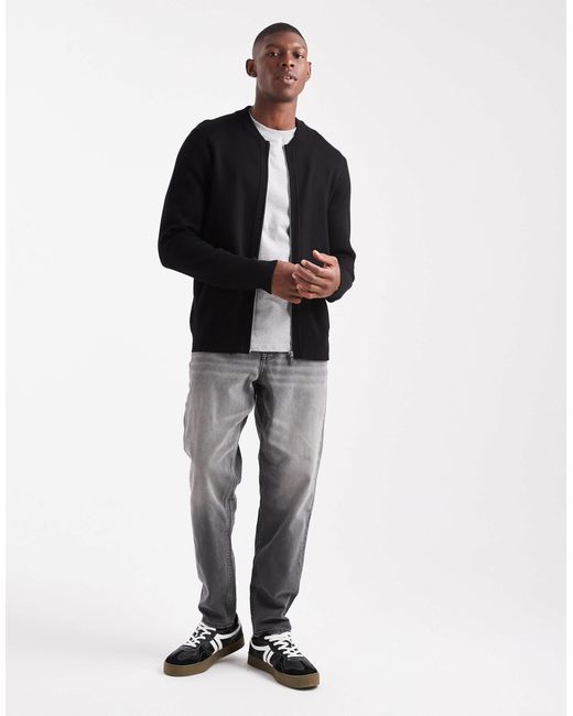 Threadbare Black Knitted Zip Through Bomber Cardigan for men