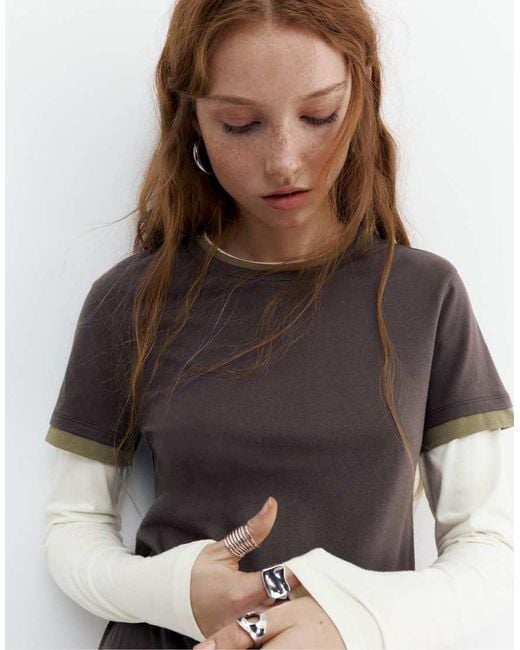 Pull&Bear Brown Double Sleeve T-Shirt