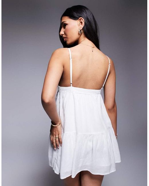 Princess Polly White Nicoletta Linen Blend Lace Trim Babydoll Tiered Mini Dress