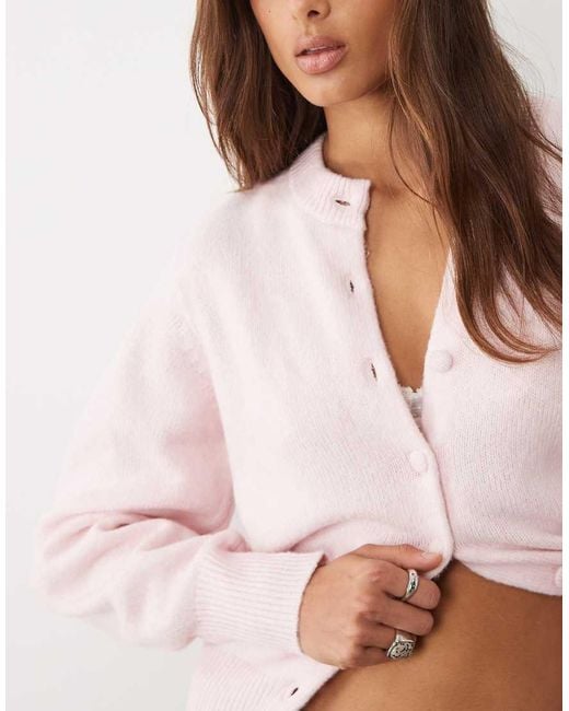 ASOS Pink Waisted Crew Neck Cardigan With Wool And Covered Buttons