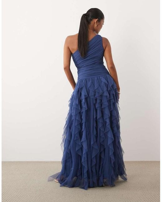 LACE & BEADS Blue One Shoulder Waterfall Ruffle Maxi Dress