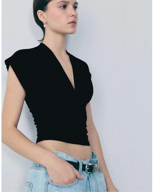 Stradivarius Black Top With Gathered V-neckline
