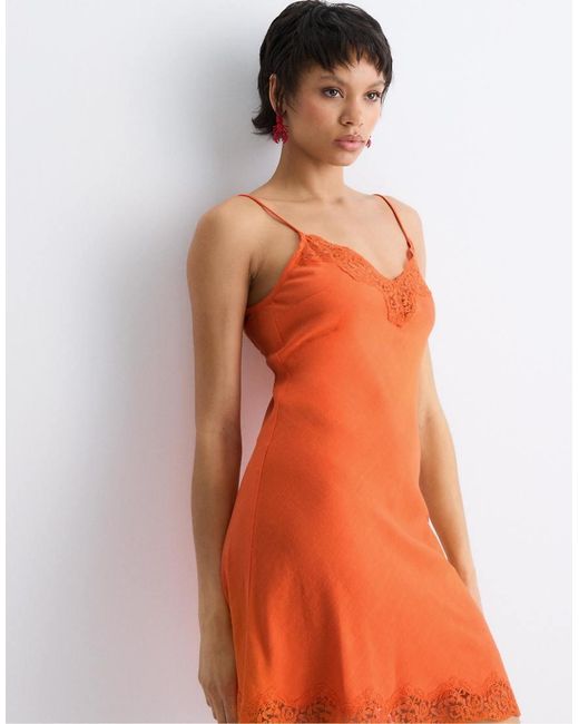 Stradivarius Orange Short Rustic Lace Dress