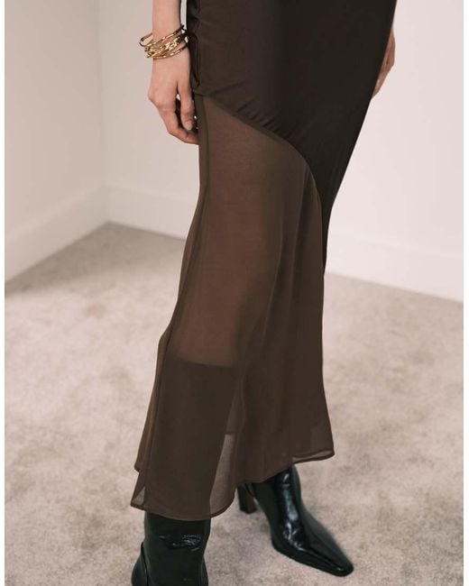 New Look Brown Satin And Chiffon Bias Midi Skirt