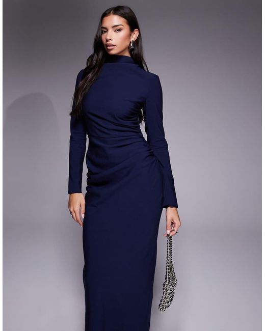ASOS Blue High Neck Ruched Side Maxi Dress