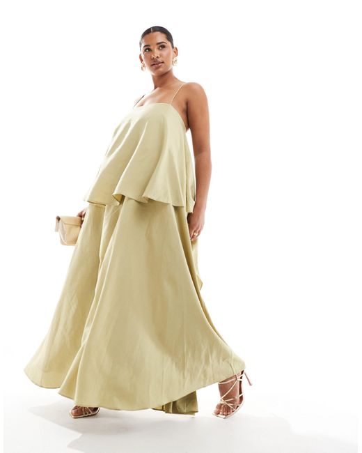 Curve - robe longue effet drapé spectaculaire à poches avec bretelles fines et encolure carrée - olive ASOS en coloris White