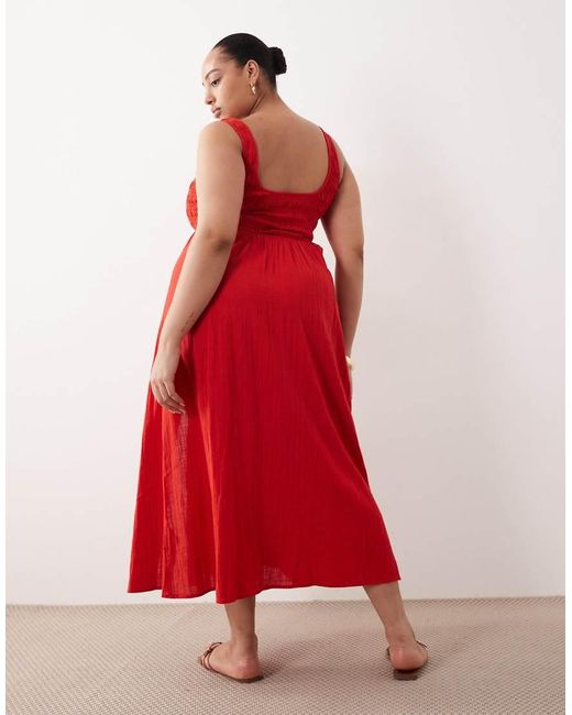 ASOS Red Asos Design Curve Exclusive Selina Beach Textu Cotton Shir Maxi Sundress