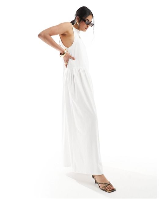ASOS White Sleeveless Smock Maxi Dress With Low Back And Pockets