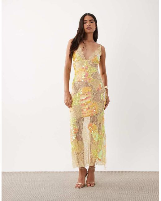 ASOS Natural Sheer Lace Cami Maxi Dress With Placement Embellishment