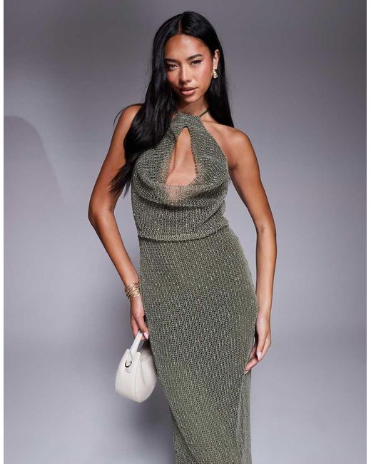 ASOS Gray Crochet Sequin Halter Maxi Dress With Cut Out