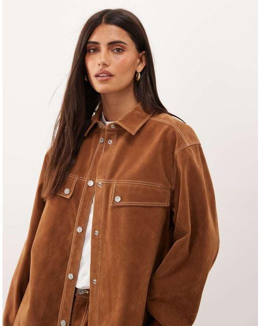 GOOD AMERICAN Brown Faux Suede Oversized Shirt