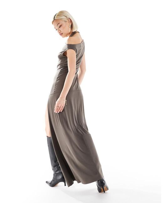 Weekday Gray Lo Maxi Dress With Drape Off Shoulder And Low Waist