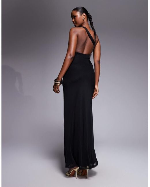 ASOS Blue Mesh One Shoulder Trim Detail Maxi Dress With Drape Tie Front