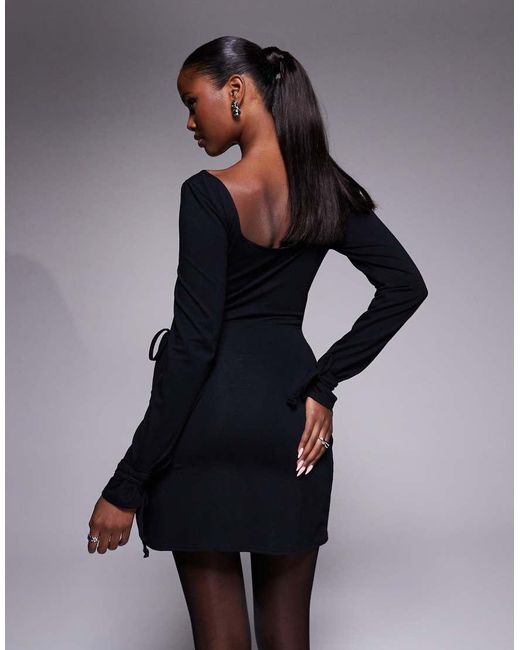 Fashionkilla Katoenrijke Mini-Jurk Met Vierkante Hals, Lange Mouwen En Gestrikte Taille Met Overslag in het Blue