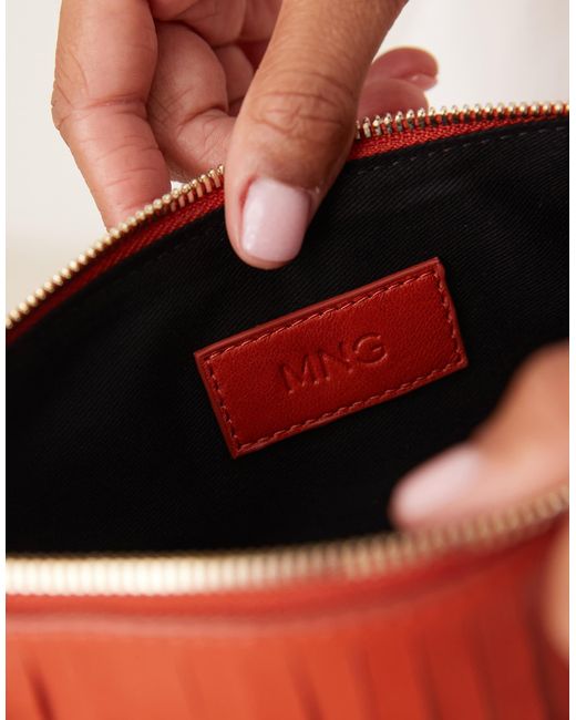 Mango Red Leather Fringed Hand Bag With Gold Accents