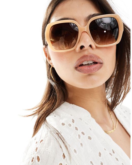 Pieces Brown Square Beige Frame Sunglasses With Tortoiseshell Arm Detail