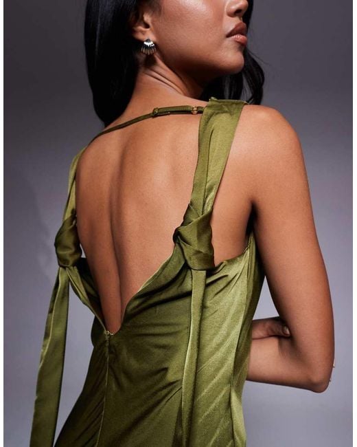 ASOS Green Satin Drape Neckline Mini Dress With Long Tie Back Detail And Slit