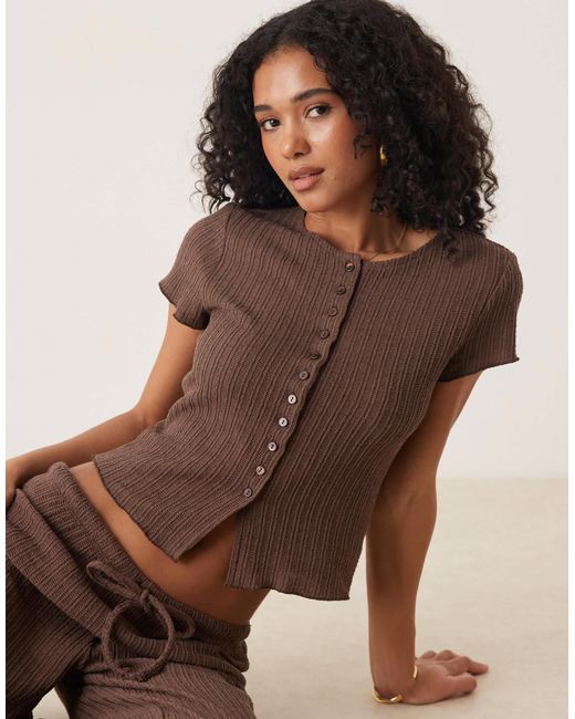 ASOS Brown Co-Ord Crochet Button Through Short Sleeve Top