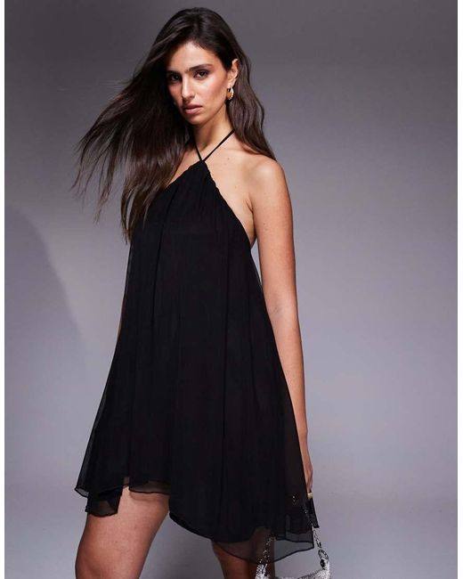 Fashionkilla Babydoll Mini-Jurk Met Mesh Bovenlaag, Halternek En Stroken in het Blue