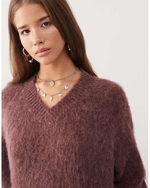Reclaimed Vintage Red High V-Neck Fluffy Knitted Jumper
