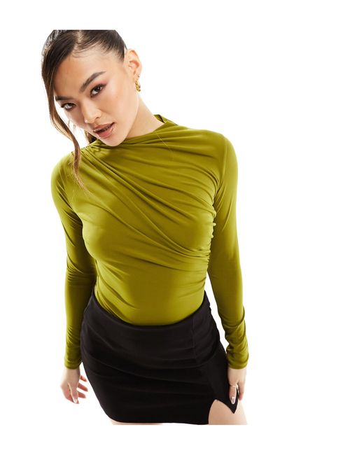ASOS Green Long Sleeve Slinky Draped Bodysuit