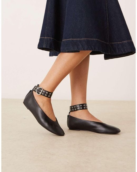 Mango Black Flat Shoe With Eyelet Ankle Strap