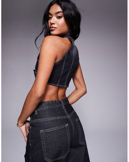 Liquor N Poker Blue High Neck Panel Stitch Top With Buckle Detail