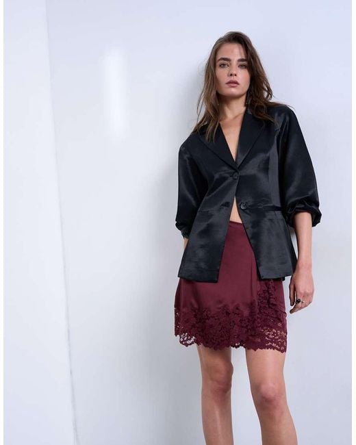 TOPSHOP Purple Satin Asymmetric Mini Skirt With Lace Trim
