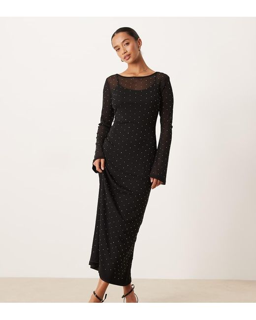 Never Fully Dressed Black Hotfix Embellished Mesh Bell Sleeve Midaxi Dress