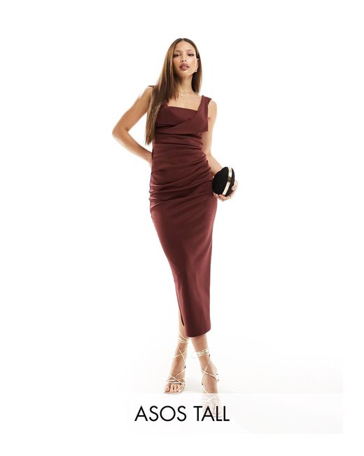 ASOS Red Asos Design Tall Square Neck Pleat Bust Midi Pencil Dress