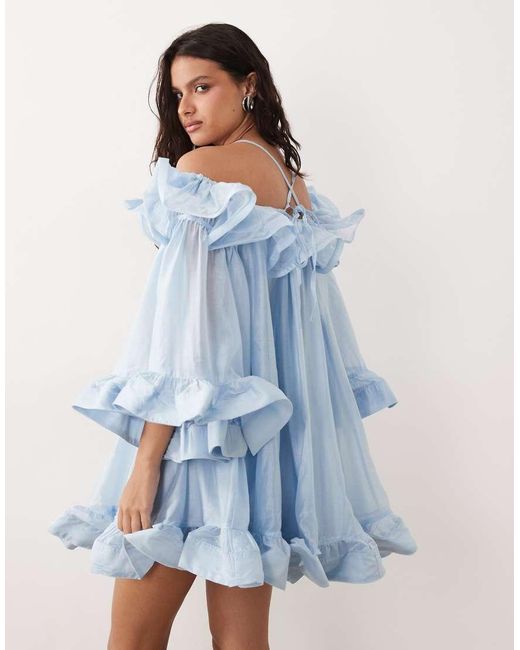 Y.A.S Blue Bardot Ruffle Detail Mini Dress