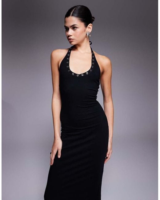 Fashionkilla Blue Halterneck Scoop Neck Eyelet Trim Low Back Maxi Dress