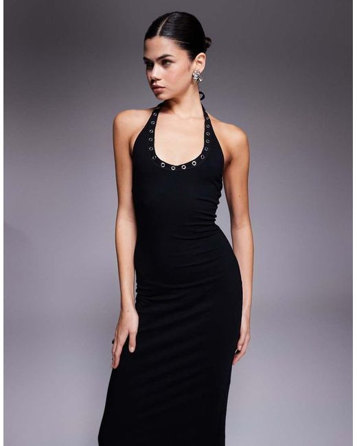 Vestido Largo Con Espalda Escotada Y Cuello Halter Ancho Con Ribete De Ojales De Fashionkilla de color Blue