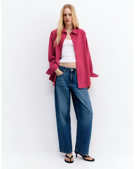 Pull&Bear Red Striped Poplin Shirt
