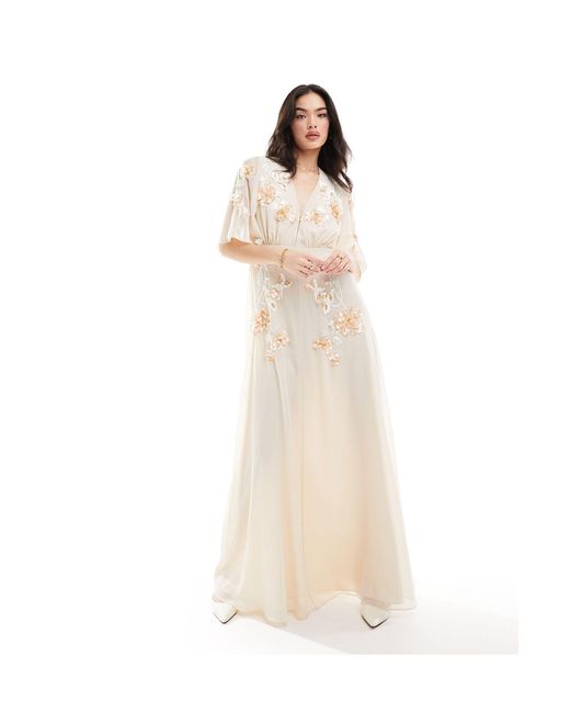 Hope & Ivy White Bridal Flutter Sleeve Embroidered Floral Maxi Dress