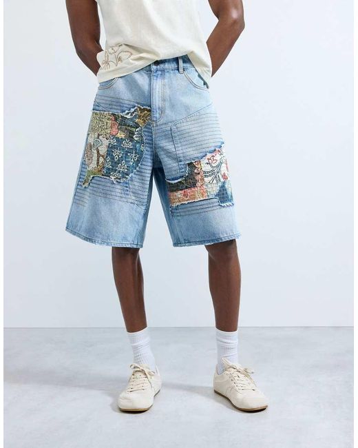 Desigual Blue Denim Bermuda Shorts With Patches for men