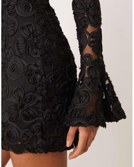 Gina Tricot Black Long Sleeve Embroidery Mini Dress With Open Back