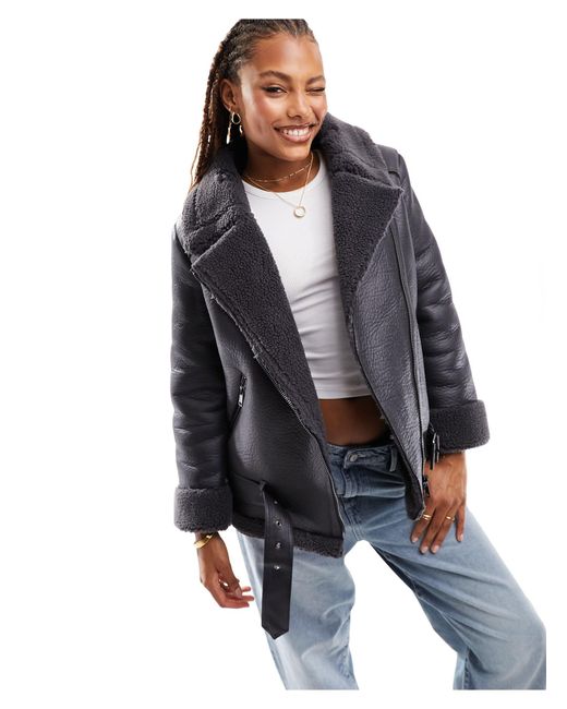 ONLY Gray Faux Leather Aviator Jacket