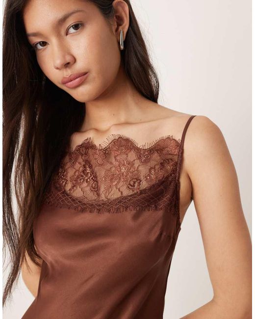 ASOS Natural Cami Lace Detail Asymmetric Satin Mini Dress