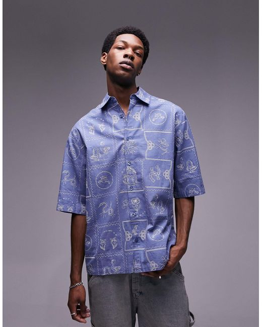 Topman Purple Short Sleeve All-over Embroidered Relaxed Western Shirt for men