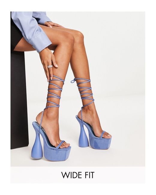 Public Desire Blue Tie Leg Strap Cylinder Platform Heeled Sandals