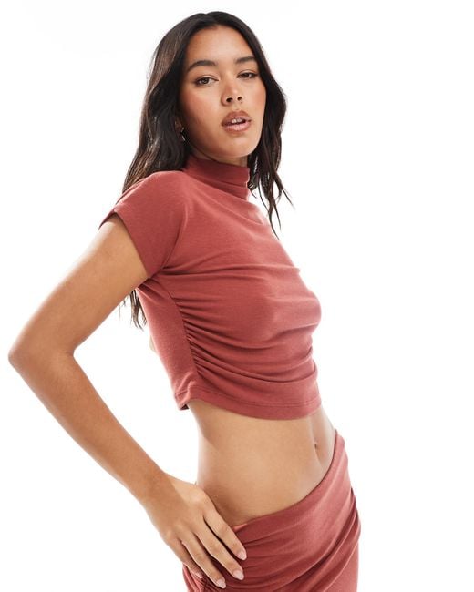 4th & Reckless Red Ruched Side High Neck Short Sleeve Top Co-ord