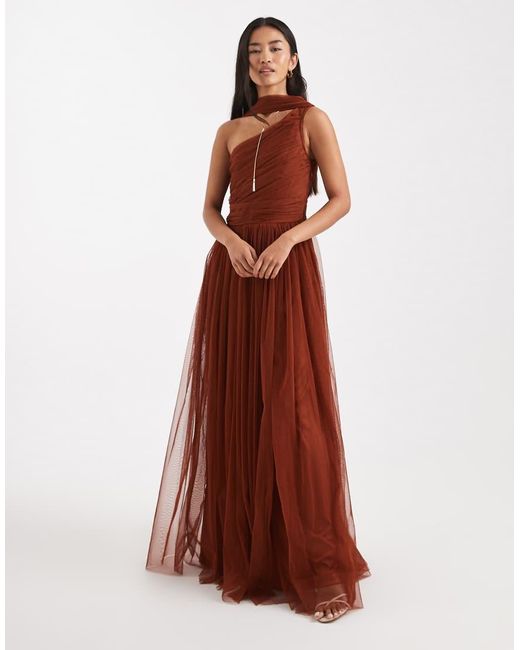 LACE & BEADS Red Bridesmaid One Shoulder Scarf Neck Maxi Dress
