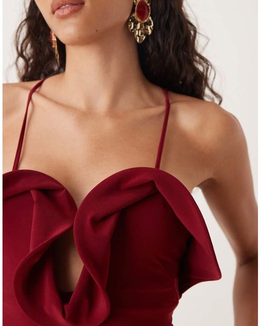 ASOS Red Frill Detail Plunge Halterneck Bodysuit