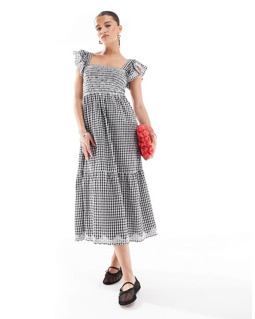 Robe mi-longue avec manches à volants - vichy New Look en coloris White