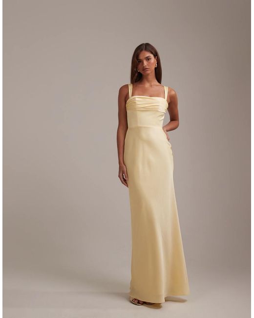 ASOS Natural Bridesmaids Satin Draped Bust Maxi Dress With Column Skirt