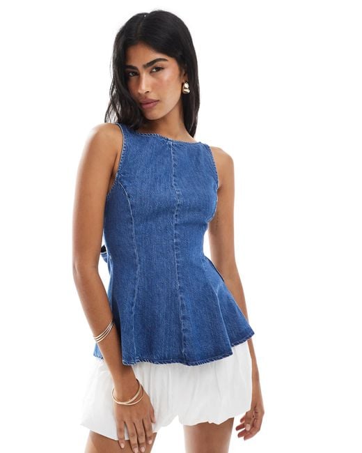 ASOS Blue Denim Peplum Top With Bow Back Detail