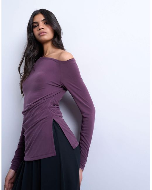 TOPSHOP Purple Cupro Off Shoulder Ruched Long Sleeve Top