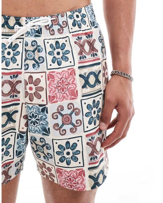 Hollister White 5inch Tile Print Swim Shorts for men